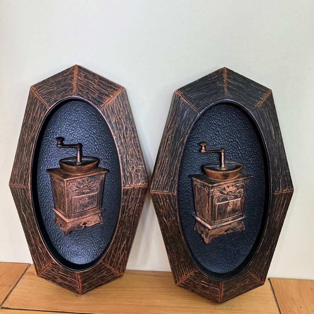 Coffee Grinder Dart Ind Wall Hangings Vintage 1970s Copper Look Plastic Set of 2